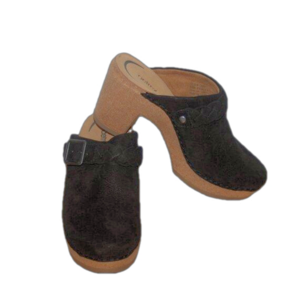 Aetrex Black Suede Clog Mules with Tan Wood-Look Soles